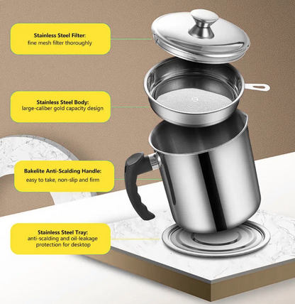 Stainless Steel Oil Pot With Filter & Lid